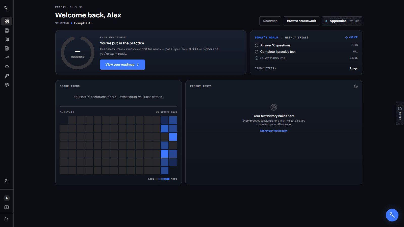 The ExamWizardz dashboard with exam readiness, daily goals, study streak, score trend, and activity heatmap