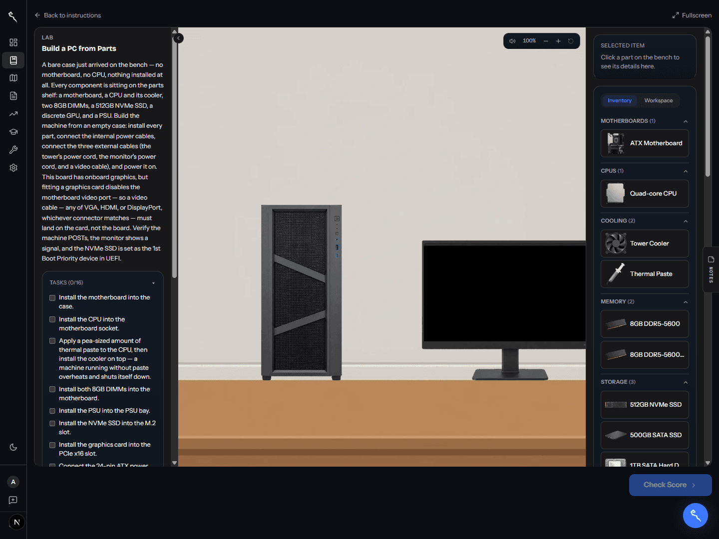 The Build a PC from Parts lab simulation with a parts inventory, task checklist, and a bench holding an empty case and monitor