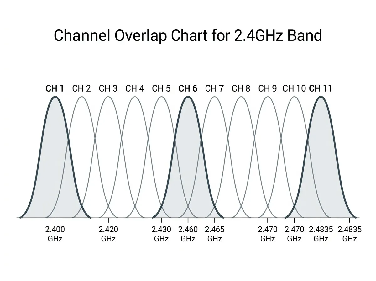 2.4GHz spectrum showing overlapping channels with 1, 6, 11 highlighted as non-overlapping