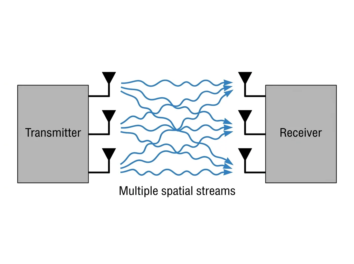 Transmitter and receiver each with three antennas connected by multiple crossing signal paths