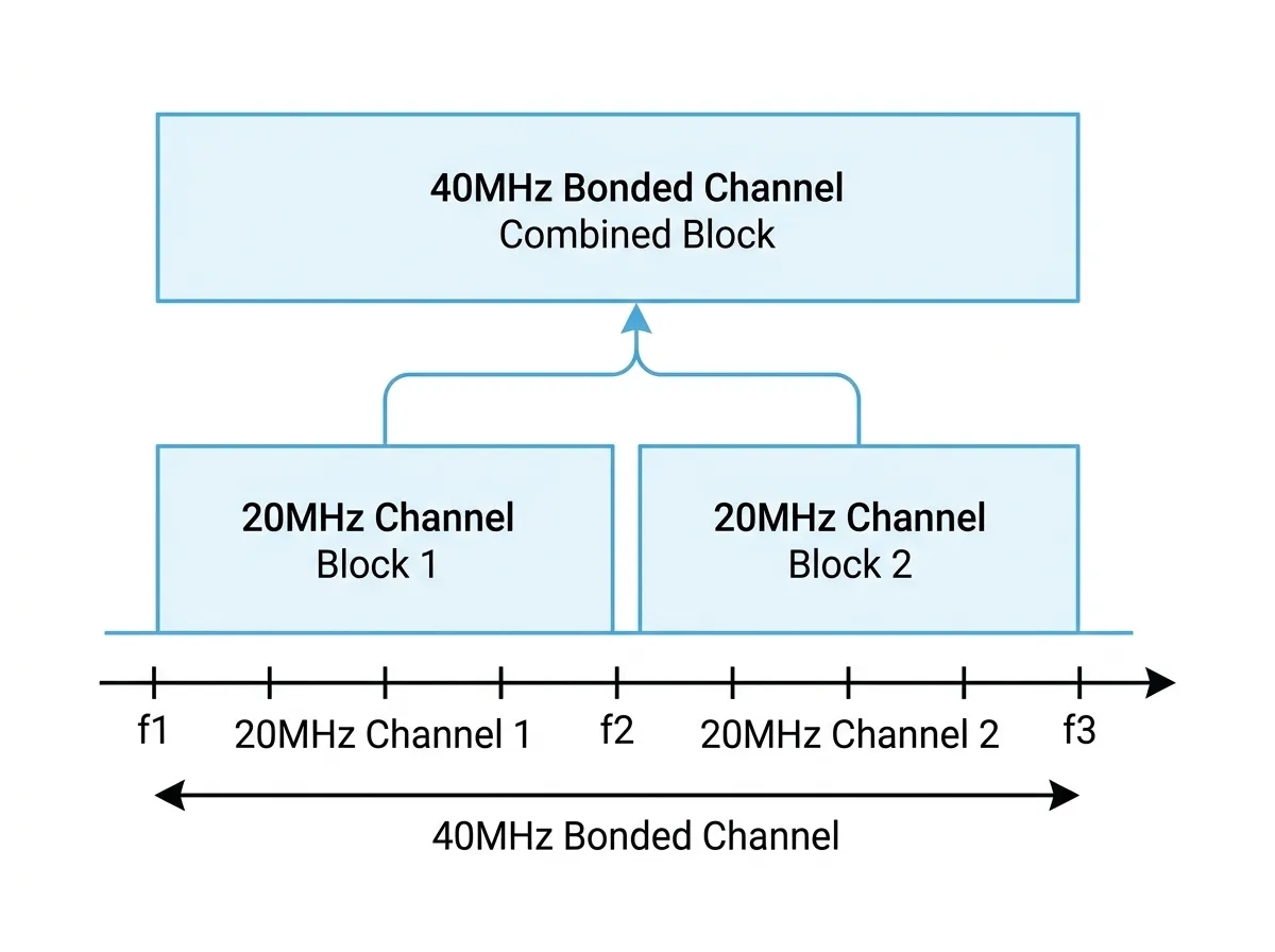 Two adjacent 20MHz channels combining into a single wider 40MHz channel