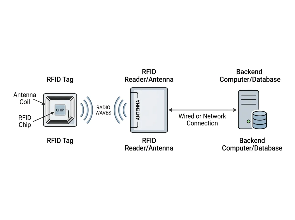 RFID tag, reader with antenna, and backend database connected in a system