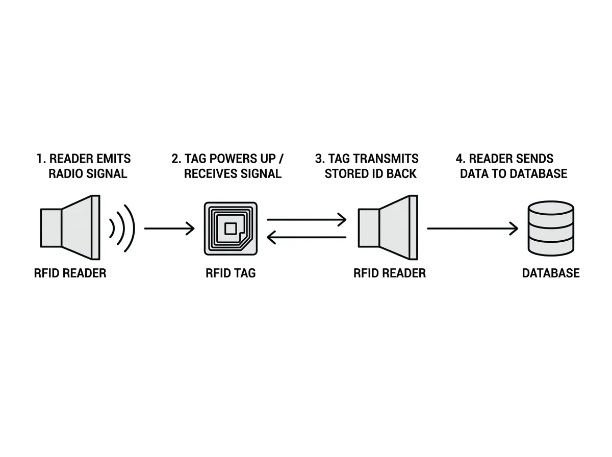 Four-step flow of reader signal, tag response, and data sent to database