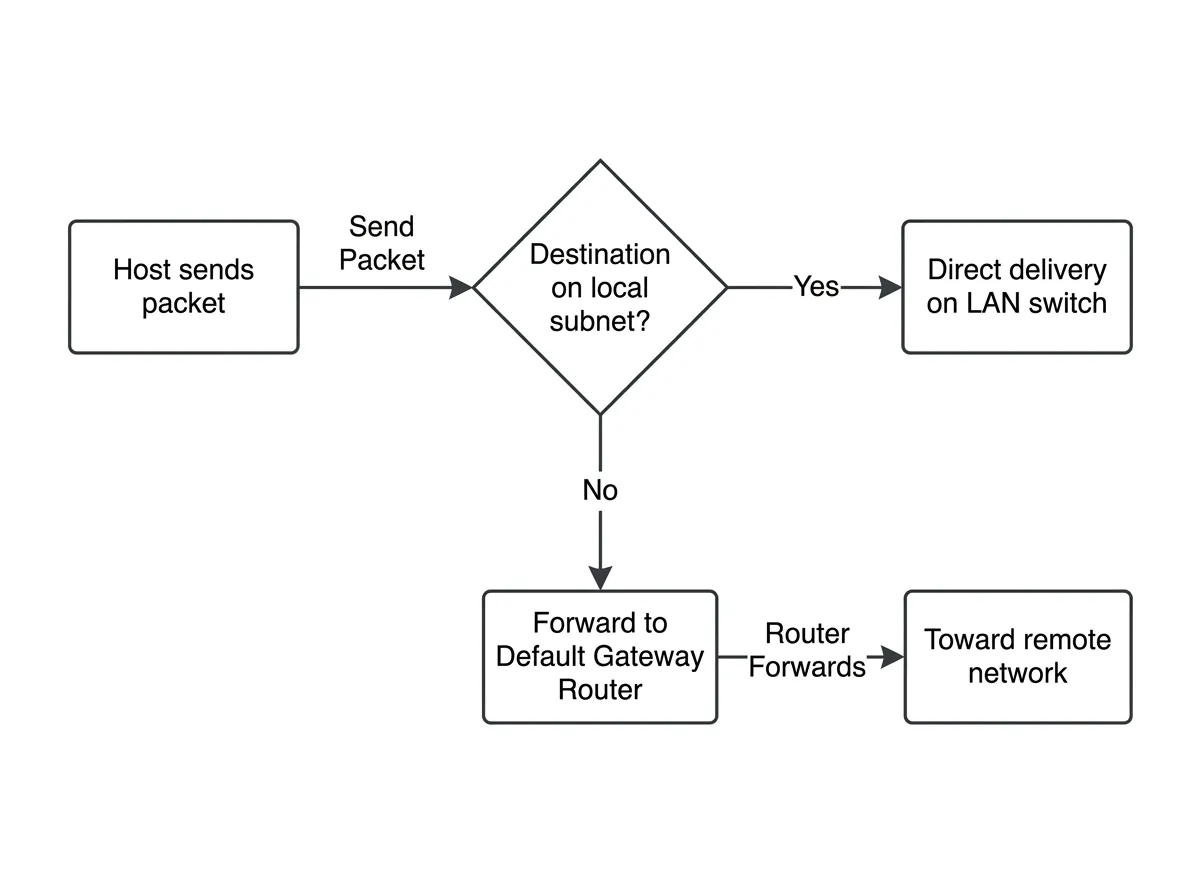 Flowchart showing host routing decision between local delivery and default gateway forwarding