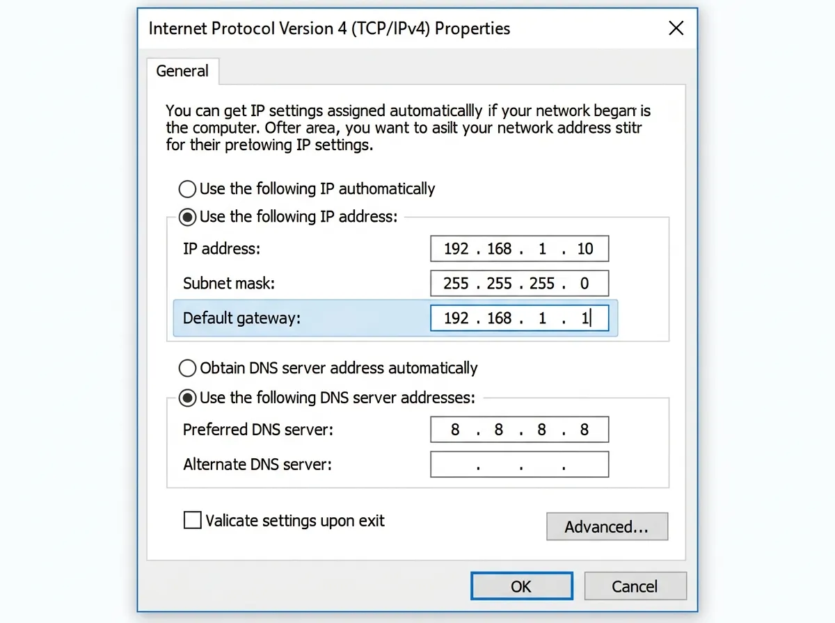 IPv4 properties dialog with IP, subnet mask, default gateway, and DNS fields
