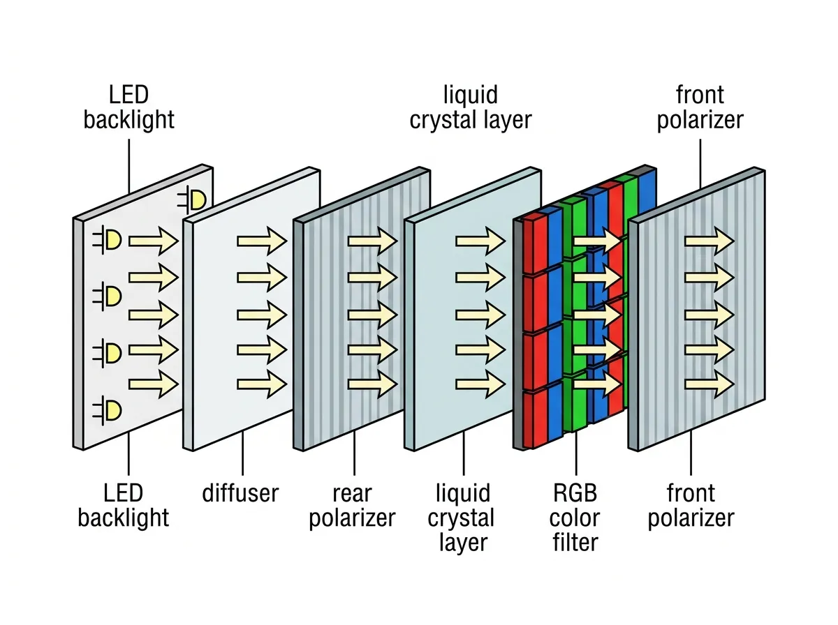 Layered LCD cross-section showing backlight, polarizers, liquid crystal layer, and RGB color filter