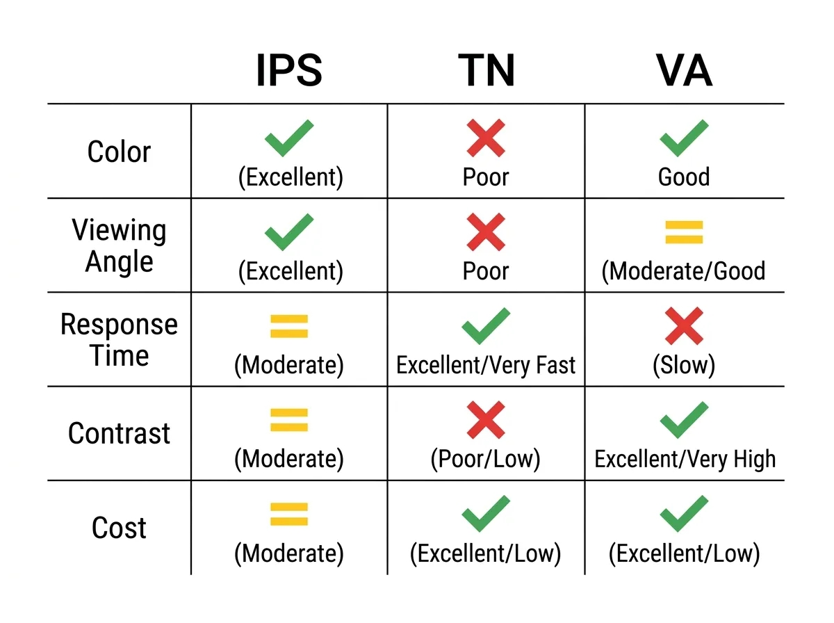 Comparison table rating IPS, TN, and VA panels on color, angles, response, contrast, and cost