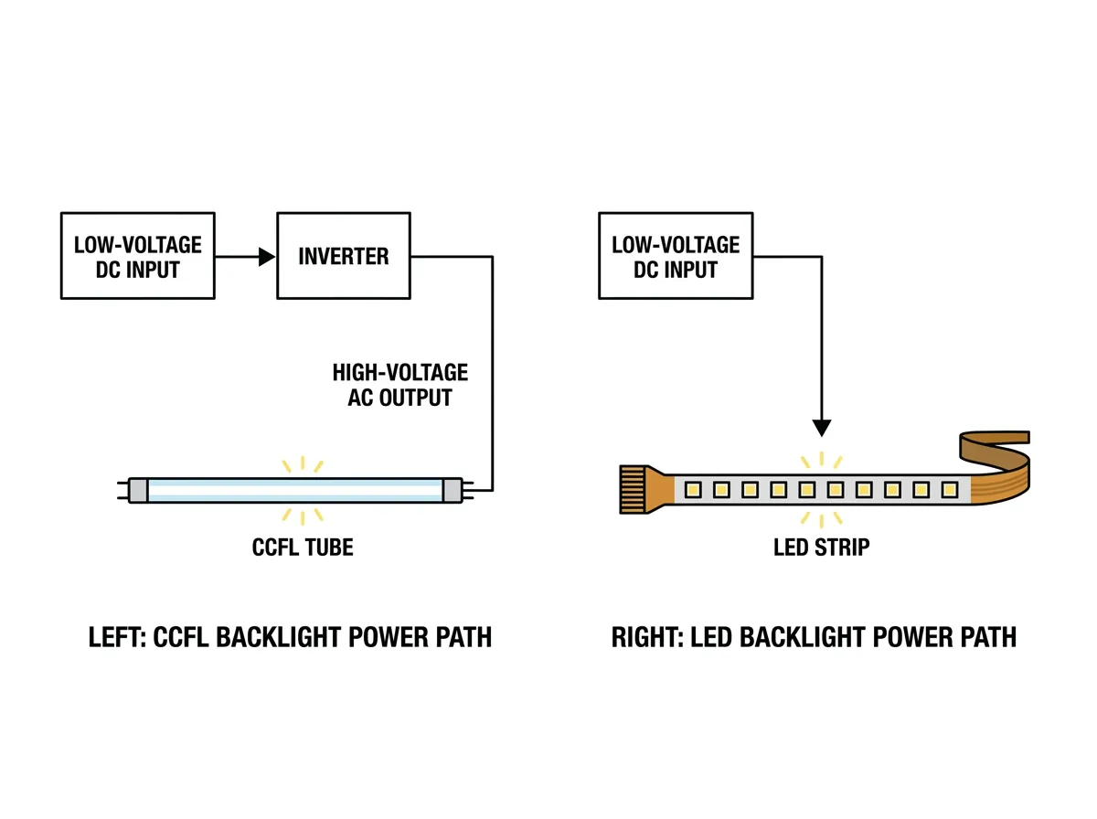 Two backlight diagrams: CCFL with inverter and high-voltage tube versus direct-drive LED strip