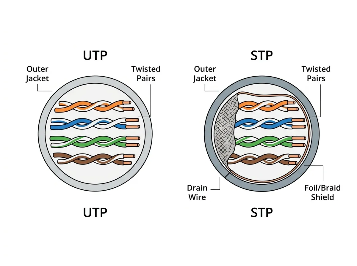 Cross-sections comparing UTP without shielding and STP with foil shield and drain wire