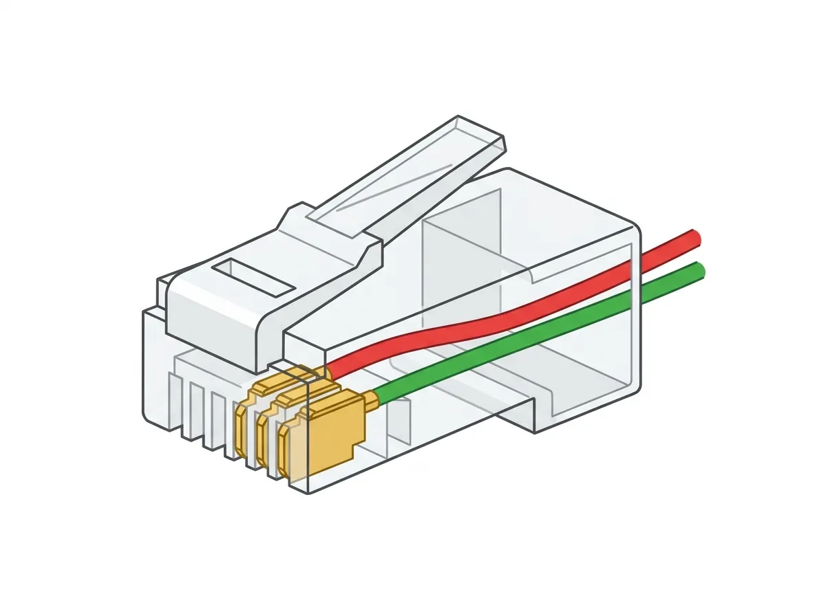 RJ11 phone plug with small 6-position body and two gold contacts