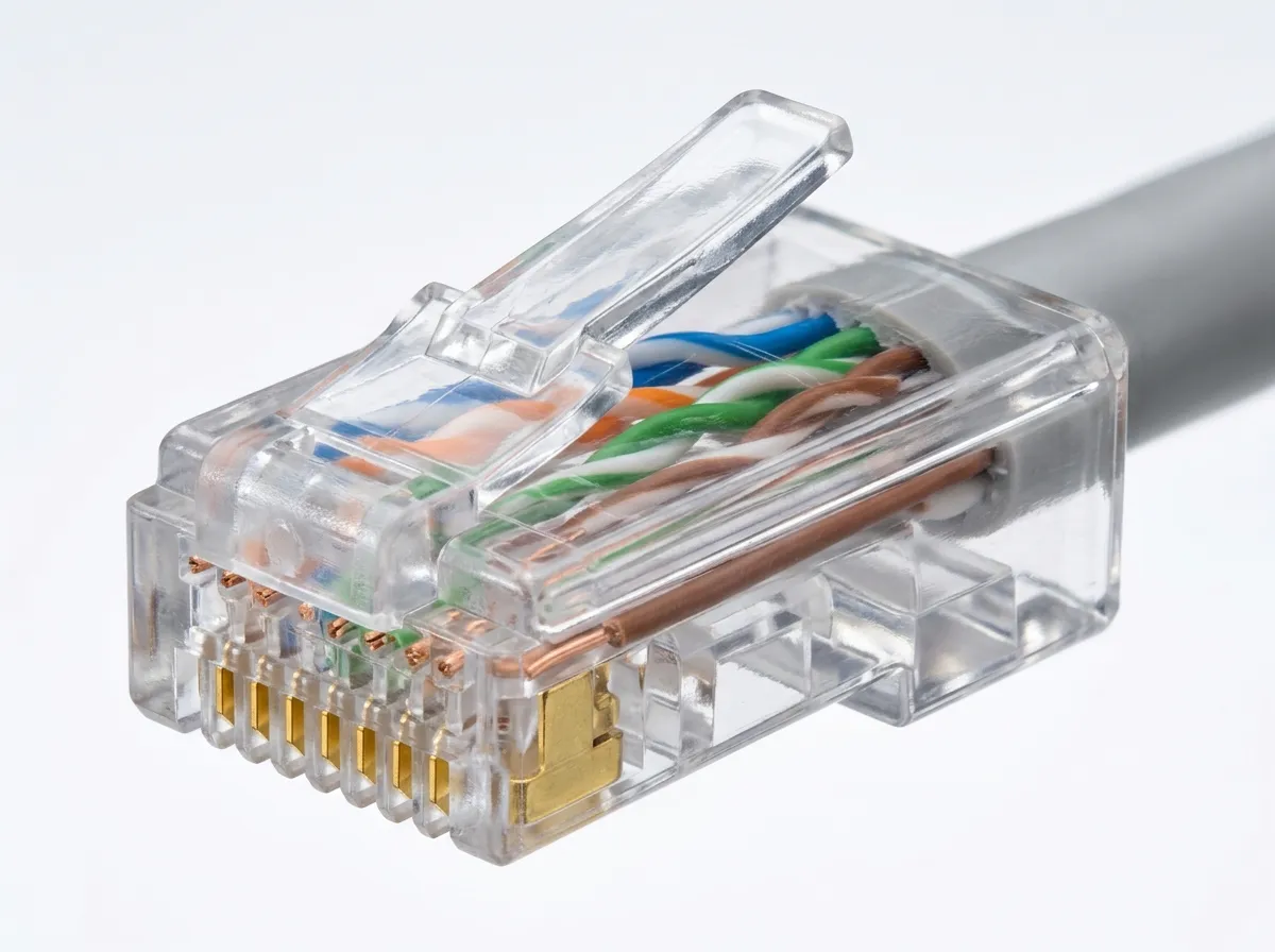 RJ45 Ethernet plug with wider 8-position body and eight gold contacts