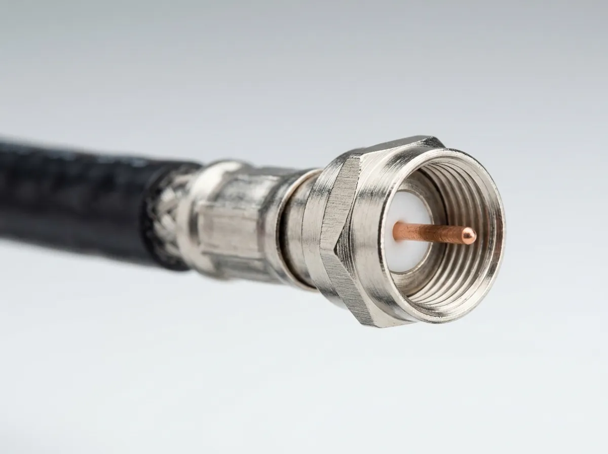 F-type coax connector with threaded metal collar and center pin
