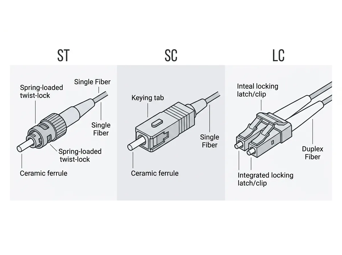 Comparison of ST, SC, and LC fiber connectors side by side