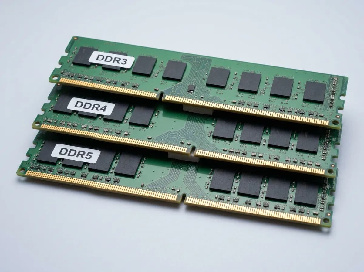 Three DIMM sticks labeled DDR3, DDR4, DDR5 with notches in different positions