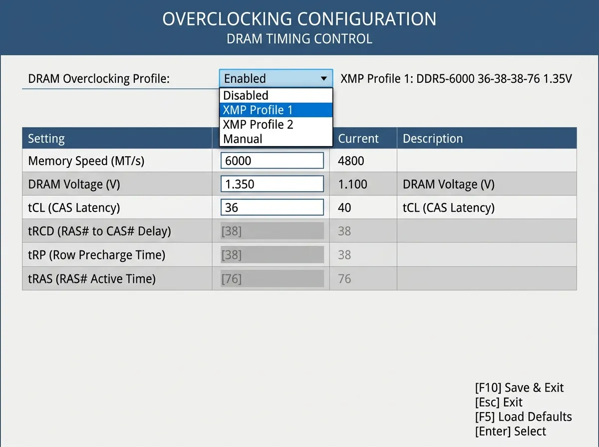 UEFI memory page with XMP profile enabled showing speed, voltage, and CAS latency
