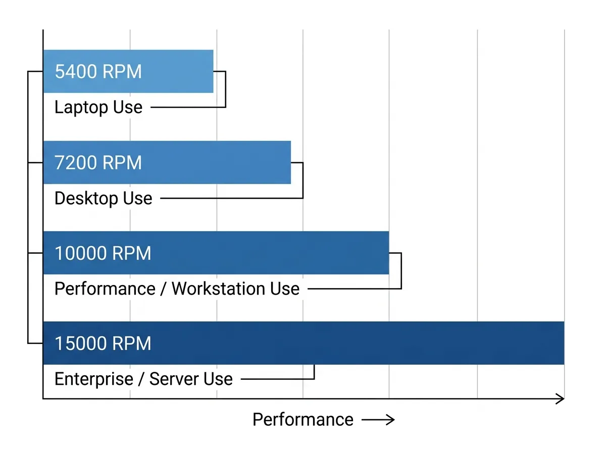 Chart comparing 5400, 7200, 10000, and 15000 RPM drives by speed and typical use