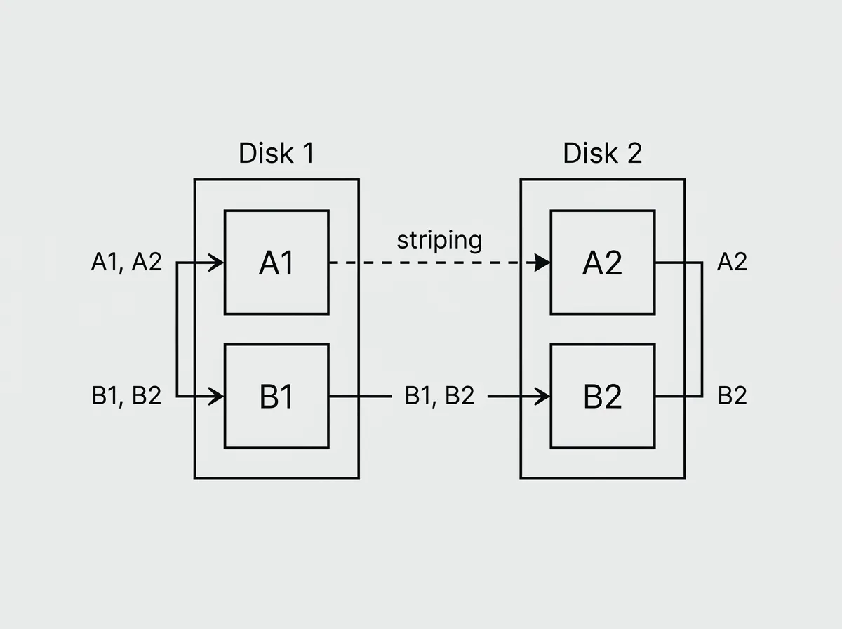 Two disks with alternating data blocks split across both for striping