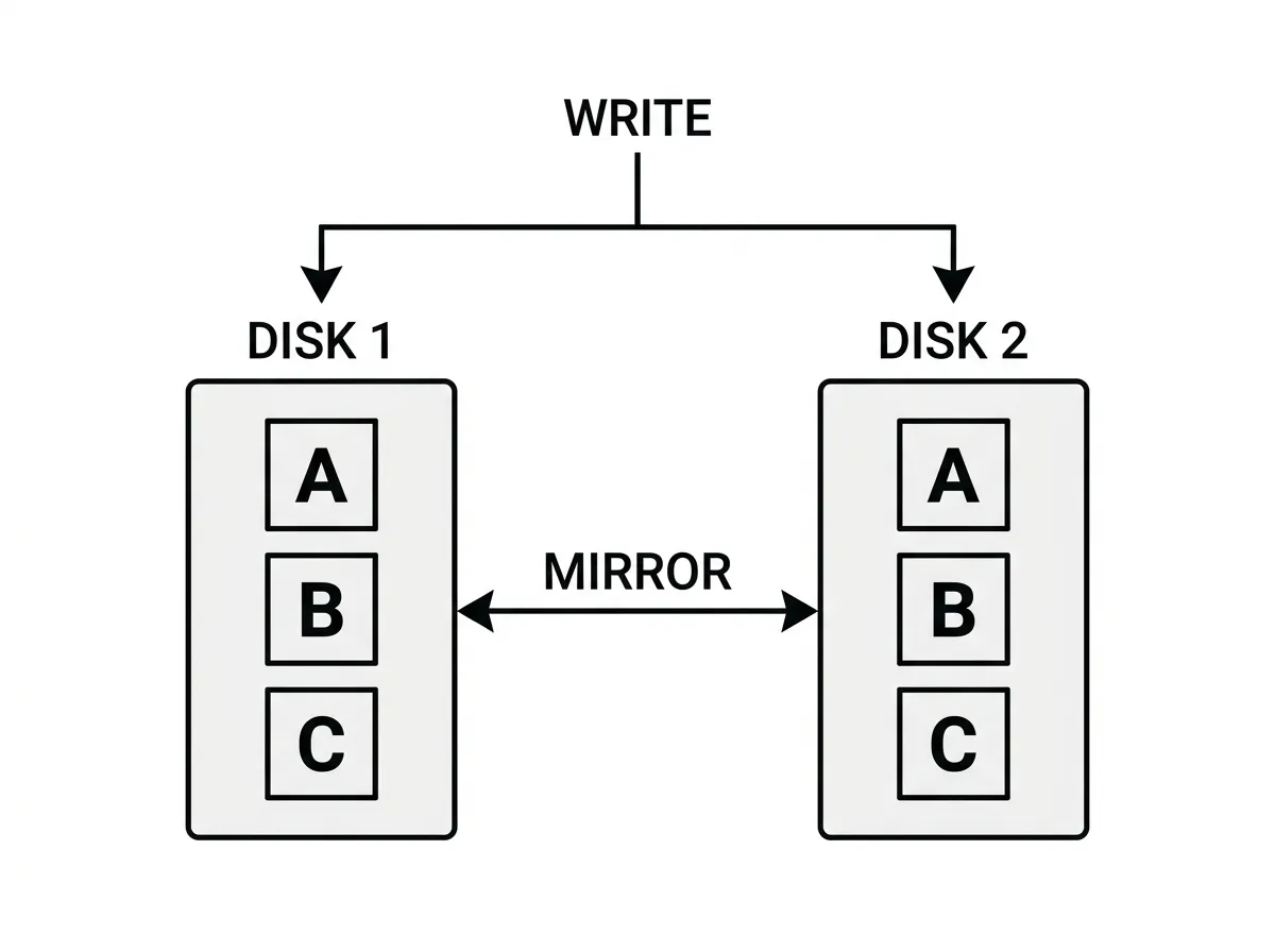 Two disks holding identical copies of the same data blocks