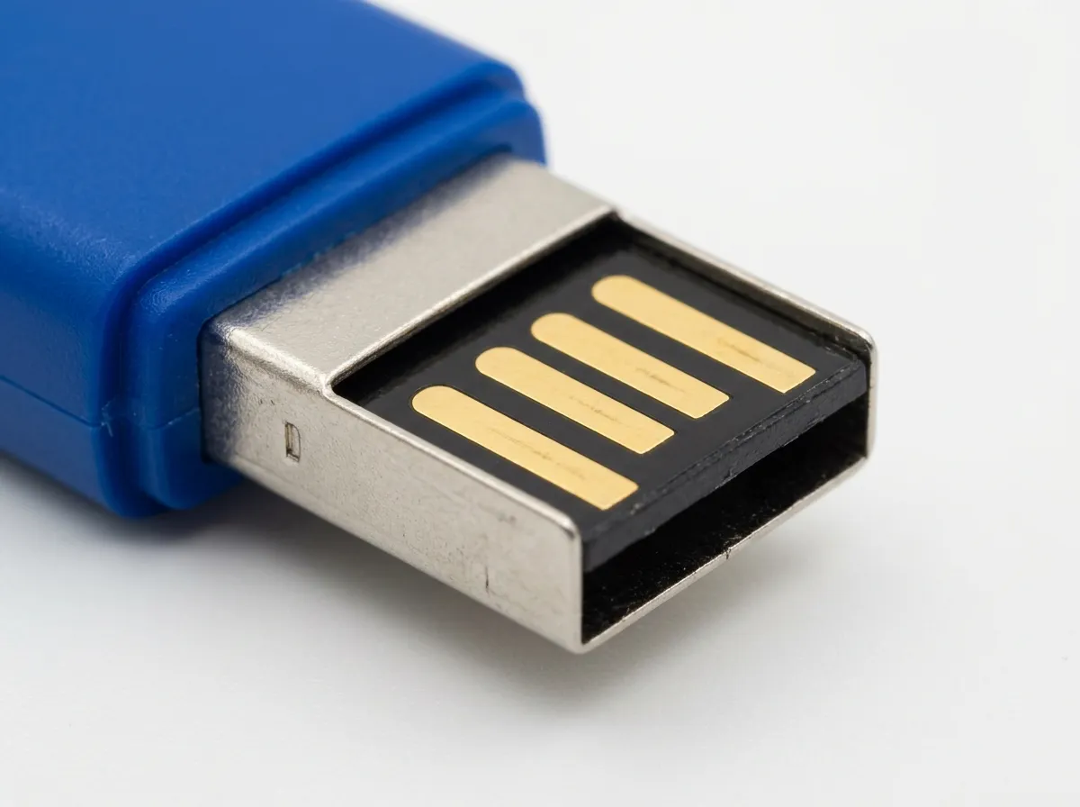 USB-A flash drive with cap off showing rectangular metal connector