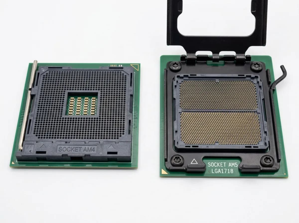 AM4 pin-hole socket beside AM5 flat-pad LGA socket with retention frame