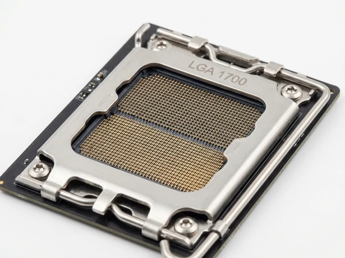 Intel LGA 1700 socket with flat contact pads, load plate, and retention lever