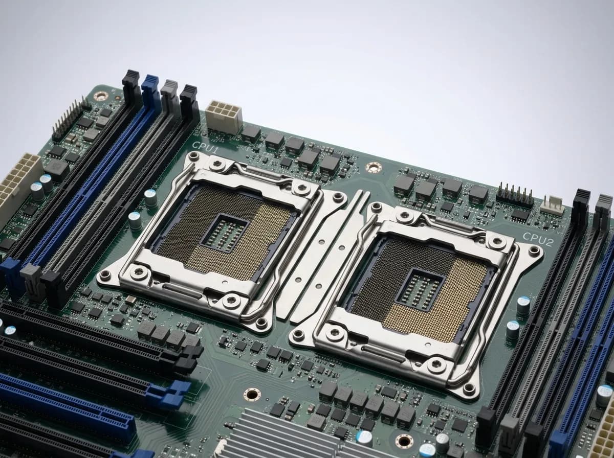 Server board with two empty CPU sockets side by side, each with own memory banks