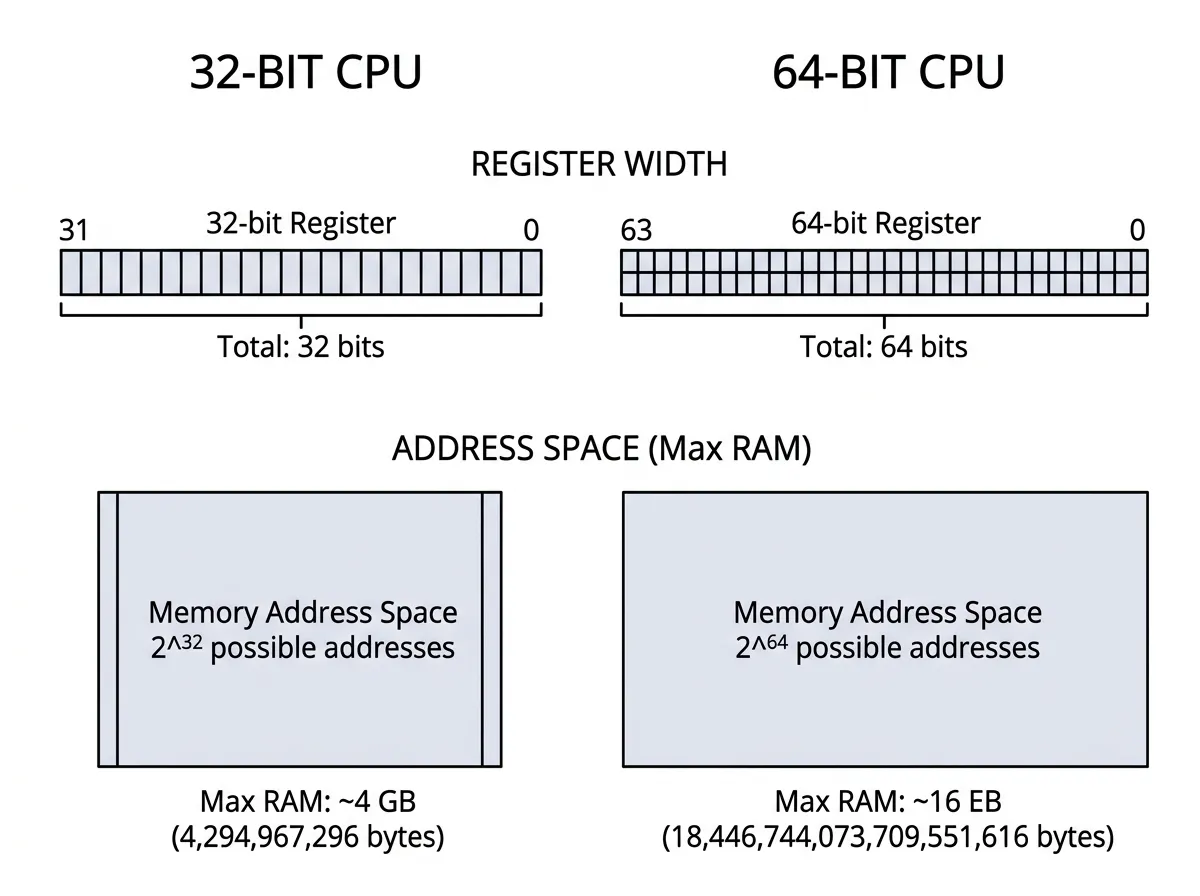 Comparison chart of 32-bit versus 64-bit register width and maximum addressable memory