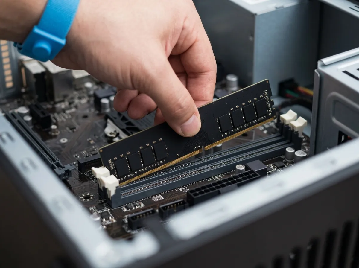 Hands seating a RAM module into a motherboard slot inside an open PC