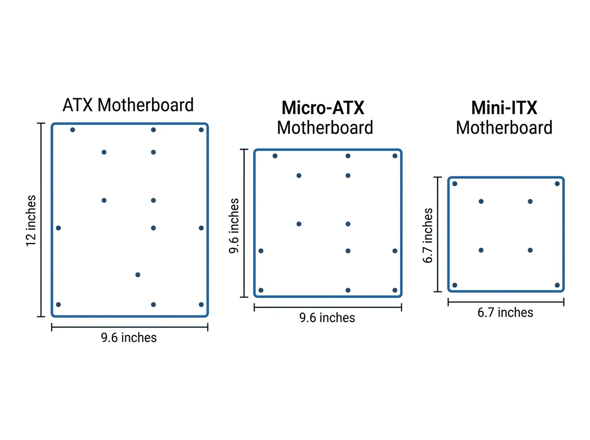 Three rectangles comparing ATX, Micro-ATX, and Mini-ITX board sizes to scale