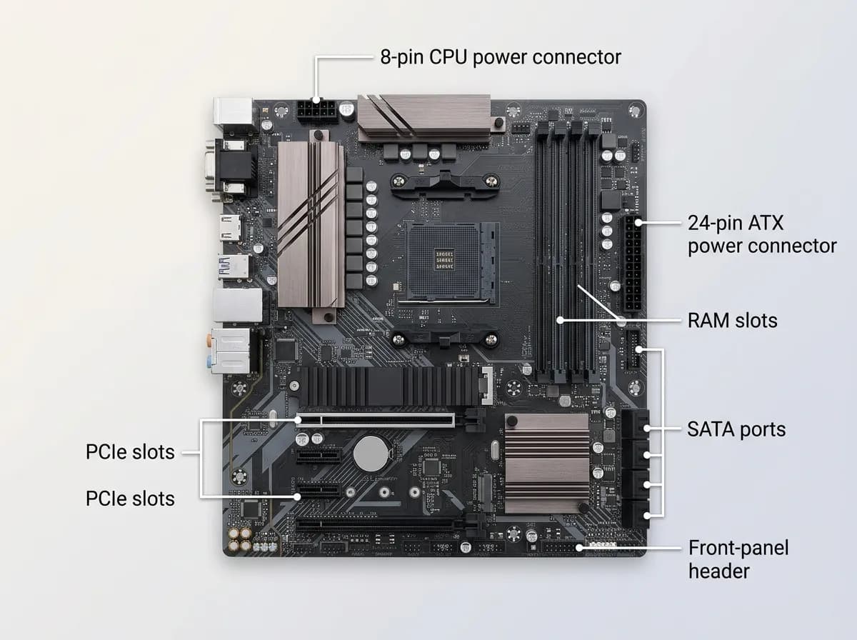 Motherboard with labeled power, SATA, RAM, PCIe, and front-panel connectors