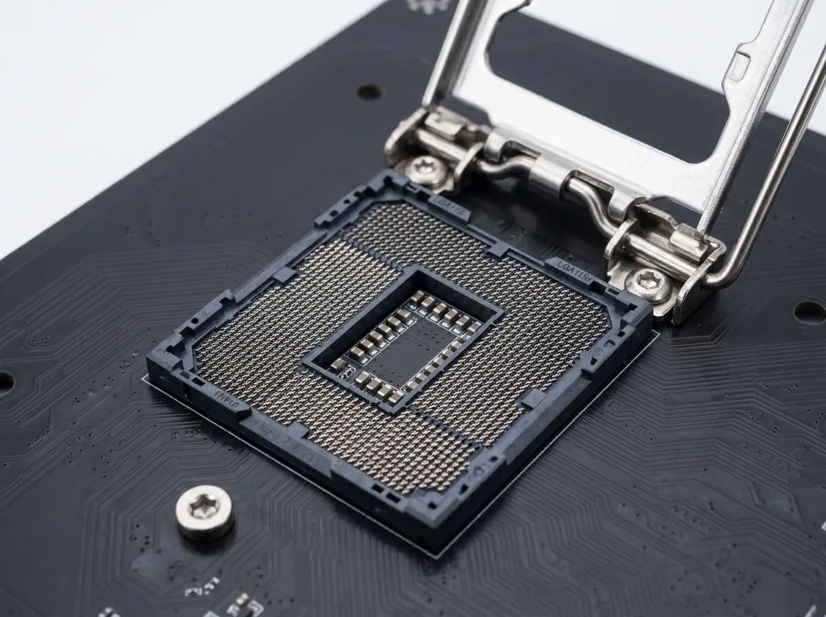 Empty LGA CPU socket with retention lever and load frame on a motherboard