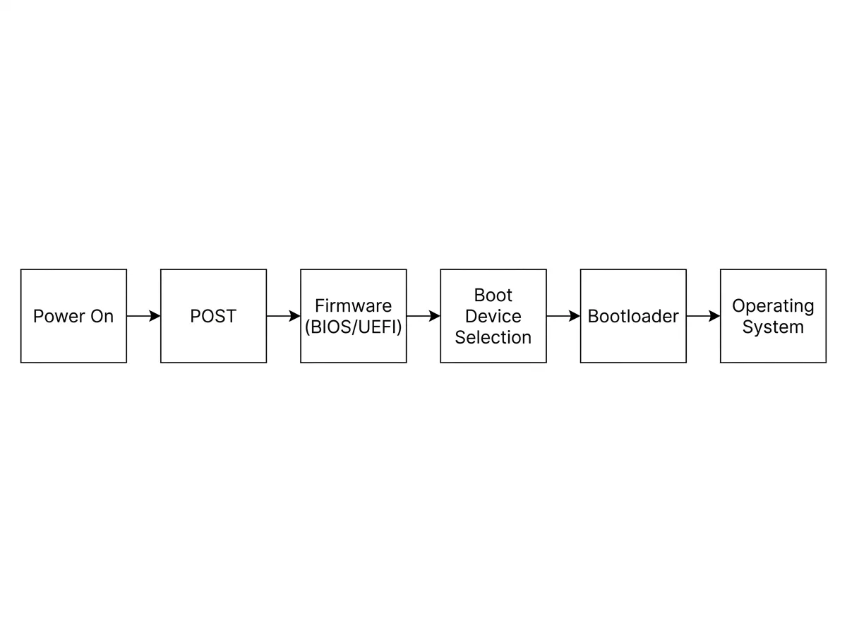 Flowchart showing power on, POST, firmware, boot device, bootloader, then operating system