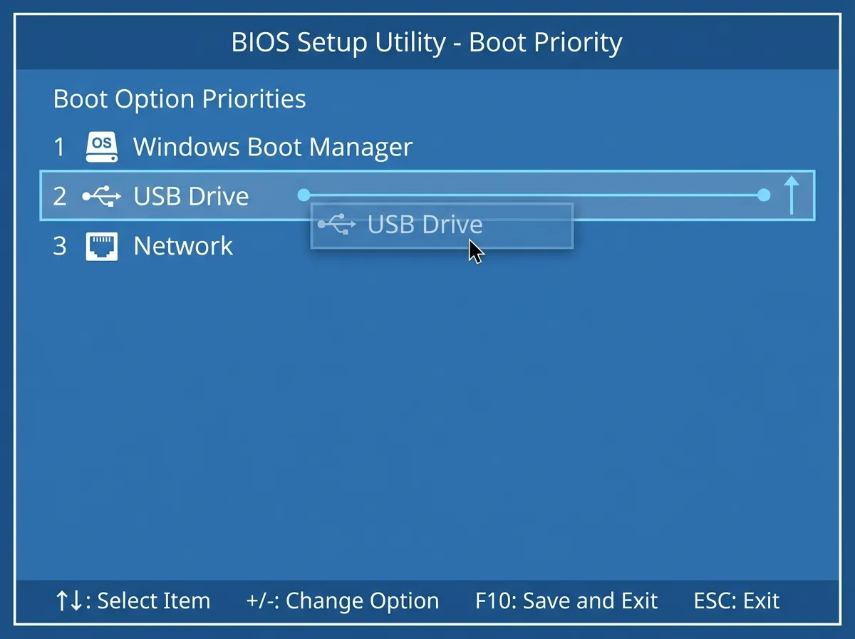 Firmware boot order menu listing internal drive, USB drive, and network in priority order