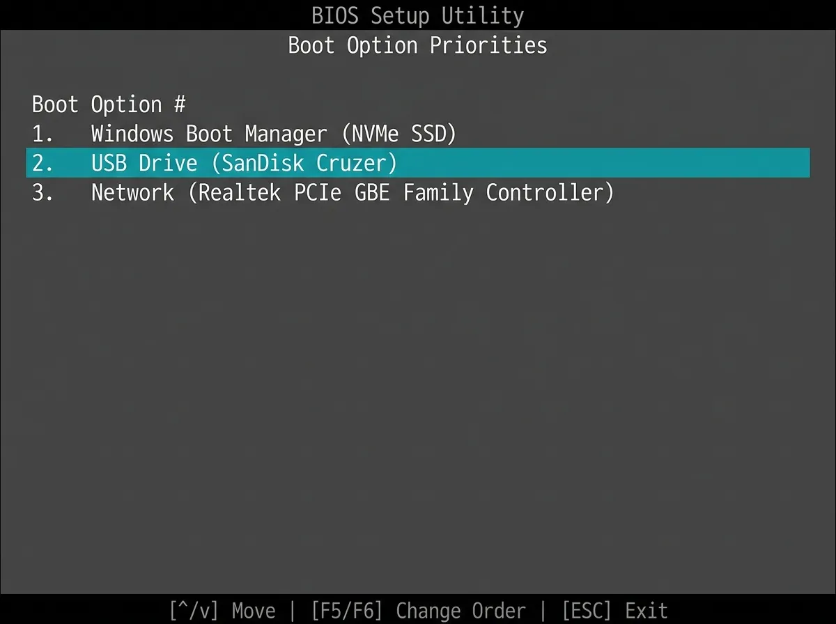 BIOS setup screen listing boot devices in priority order