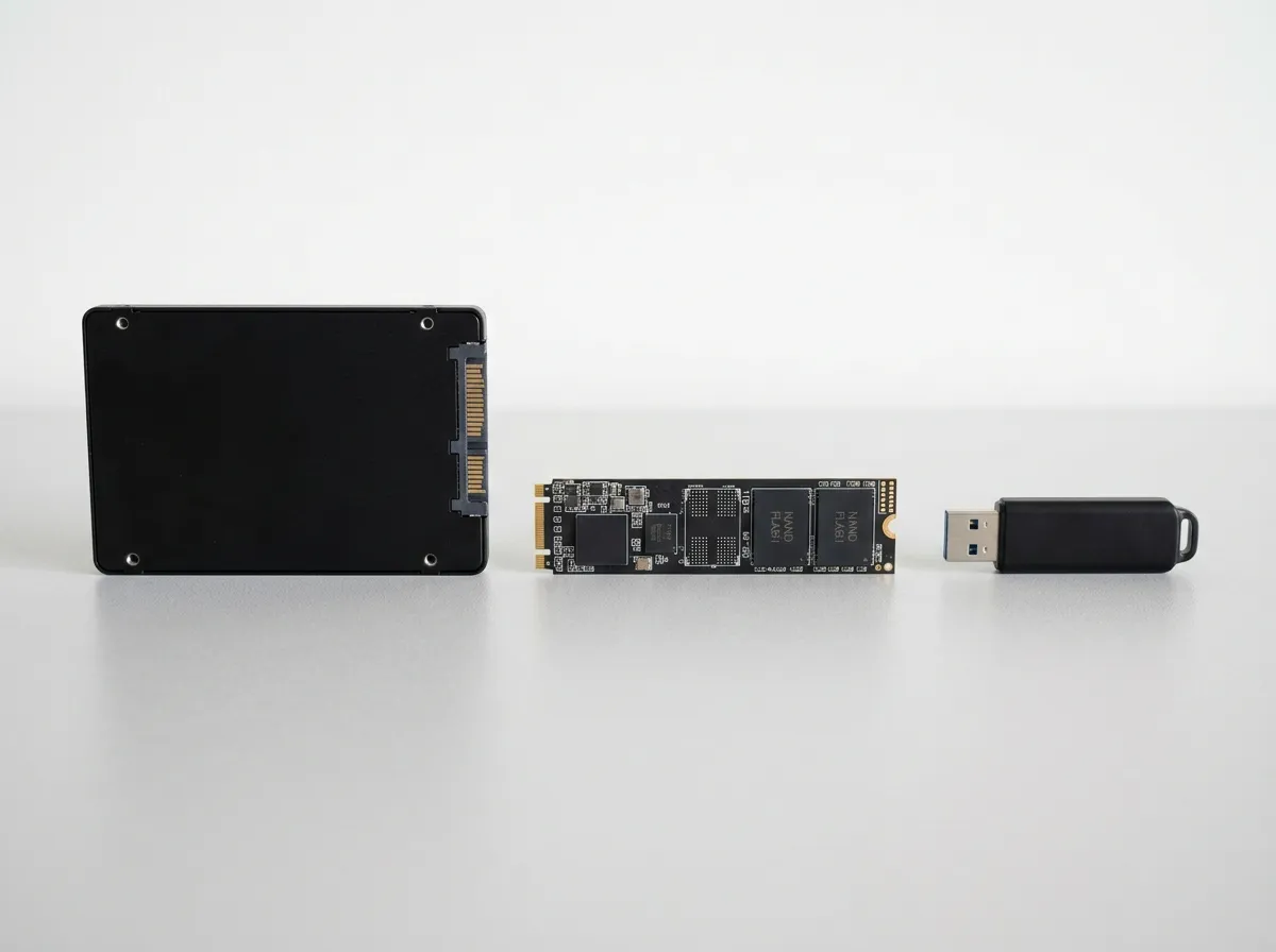 SATA SSD, M.2 NVMe drive, and USB flash drive side by side