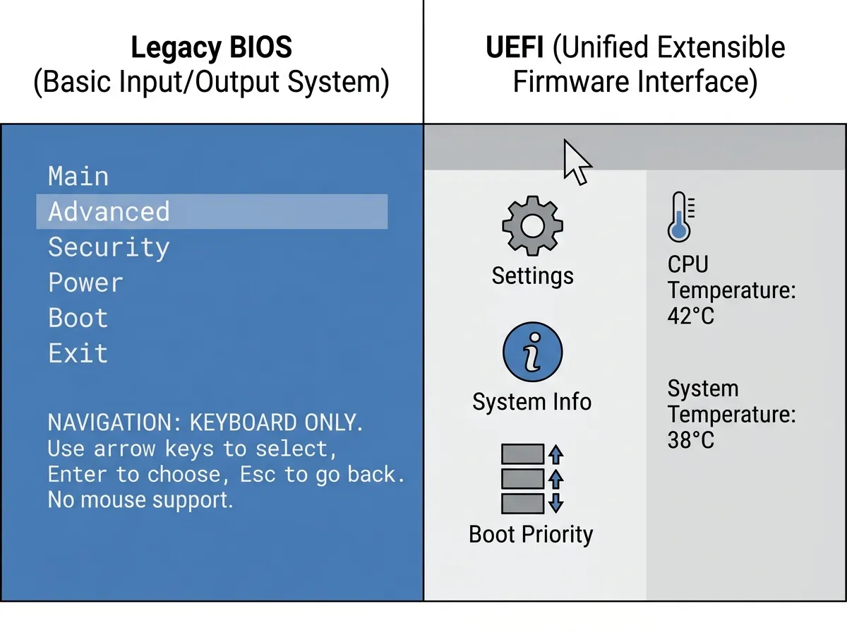 Text-based BIOS menu beside graphical mouse-driven UEFI menu