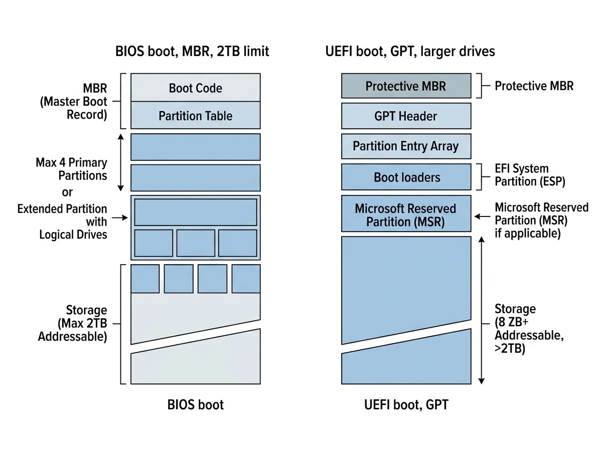 MBR BIOS boot compared with GPT UEFI boot partition layouts