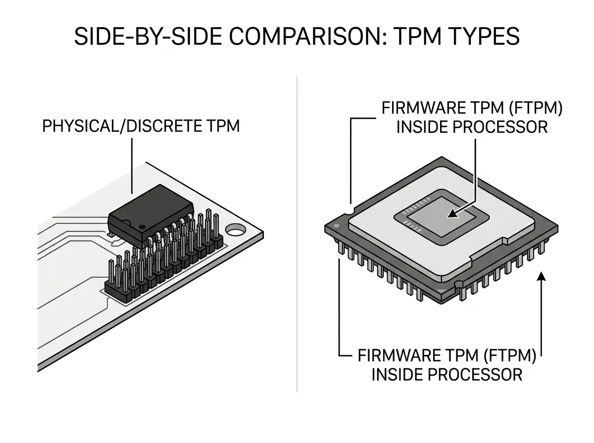 Comparison of a discrete TPM chip on a motherboard versus firmware TPM inside the CPU