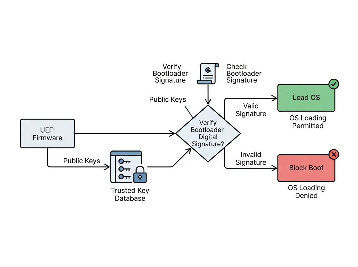 Flowchart showing UEFI checking bootloader signature, allowing trusted OS or blocking untrusted code