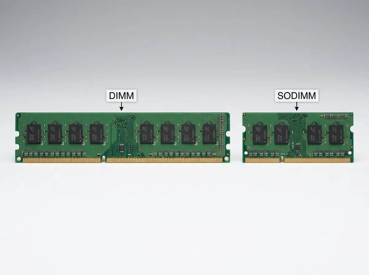 Longer desktop DIMM beside shorter laptop SODIMM showing different sizes and notch positions