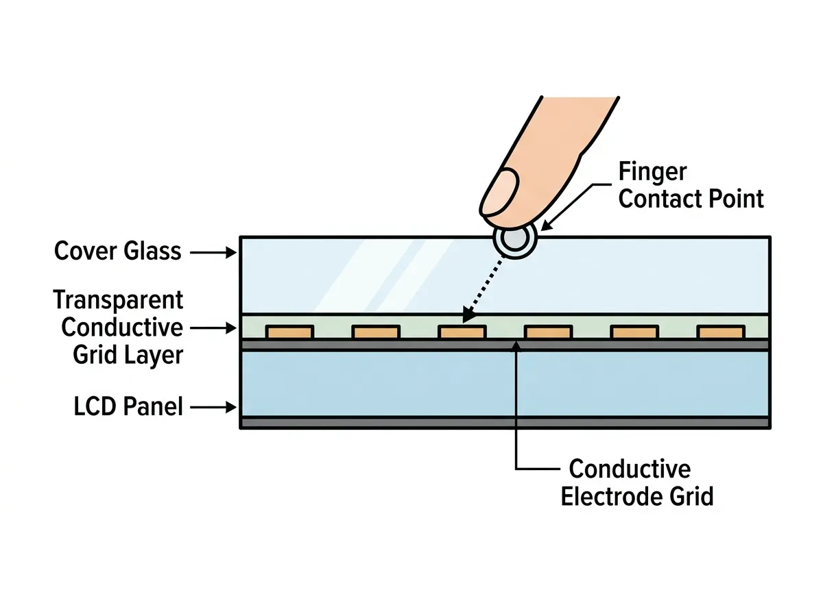 Layered cross-section of capacitive touch screen showing glass, conductive grid, and LCD