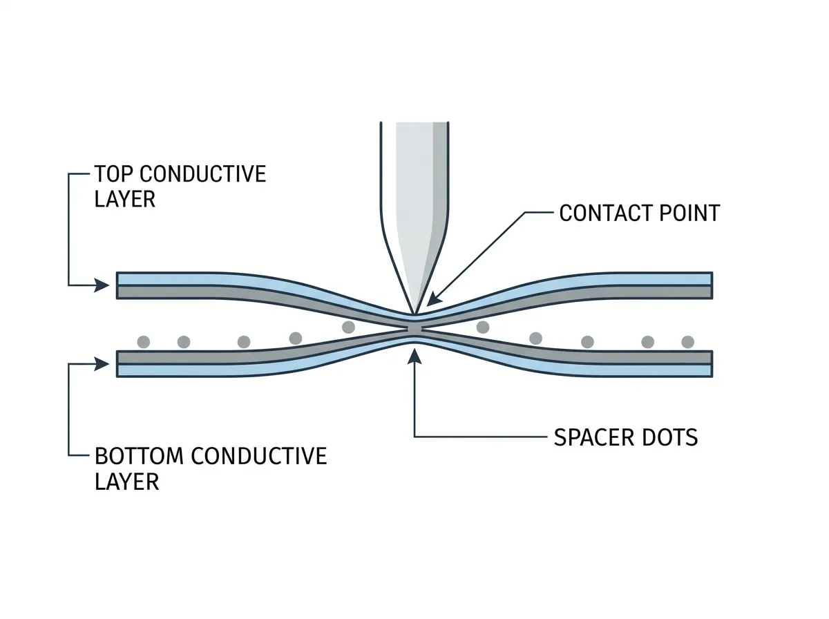 Cross-section of resistive touch screen with two layers separated by air gap pressed by stylus