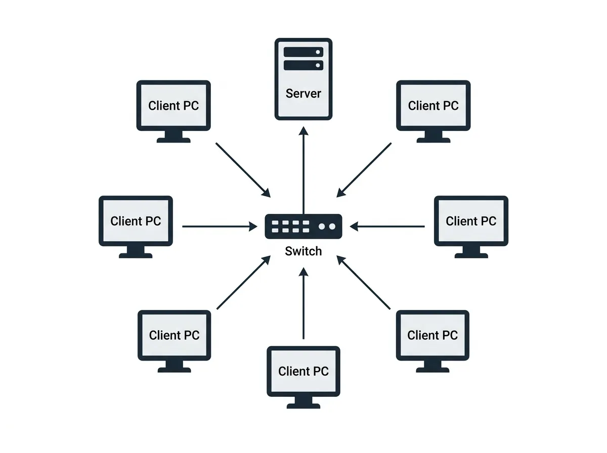 Central server connected through a switch to multiple client computers