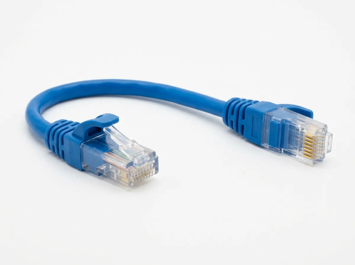Short blue Ethernet patch cable with an RJ45 plug on each end