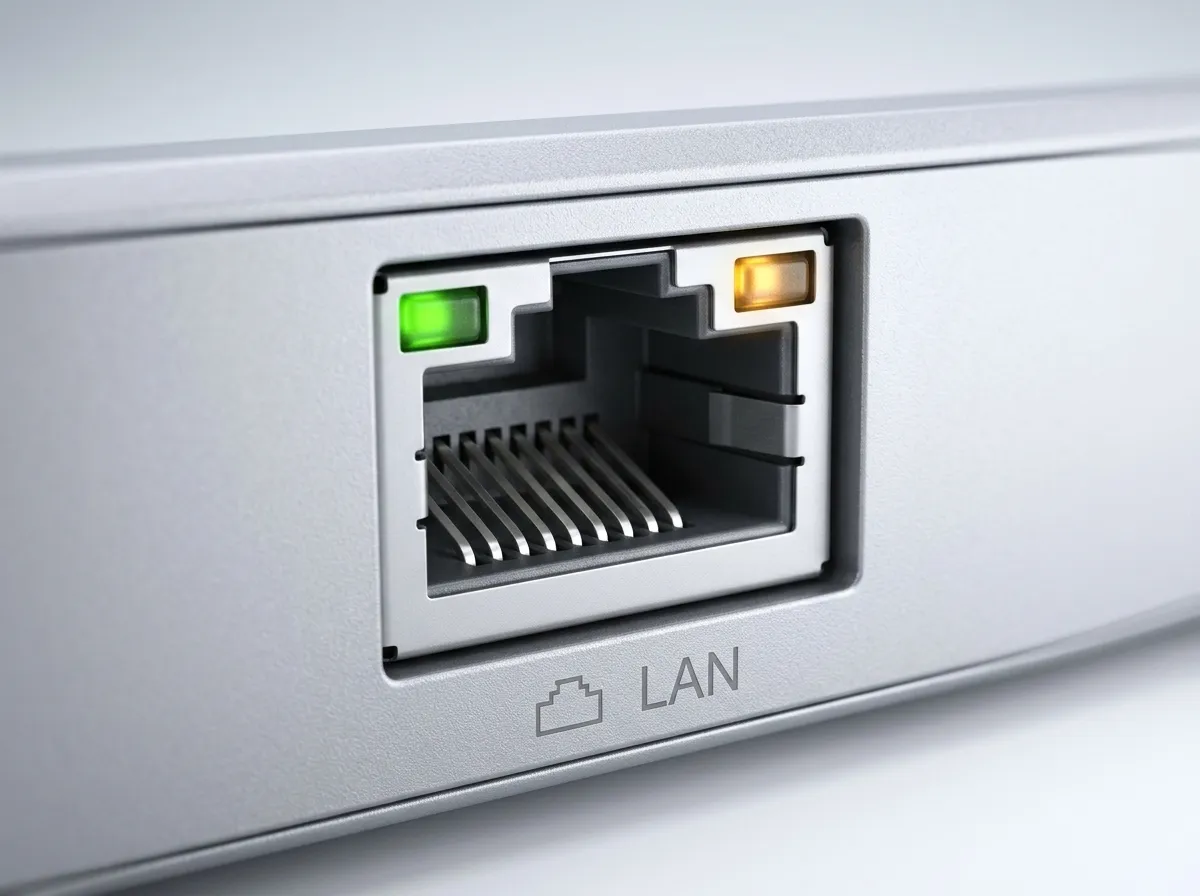 RJ45 Ethernet port with green link and amber activity indicator LEDs