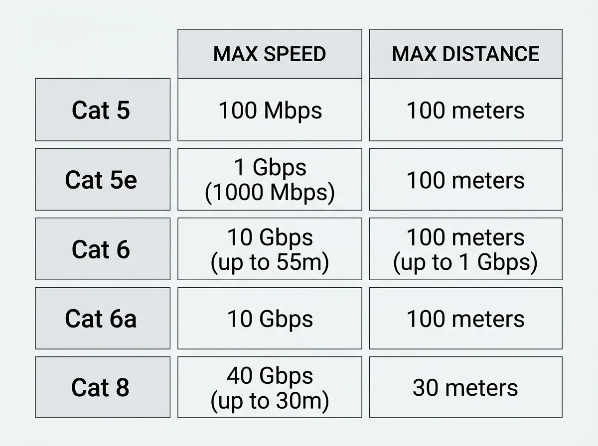 Table comparing Cat 5, 5e, 6, 6a, 8 by maximum speed and distance