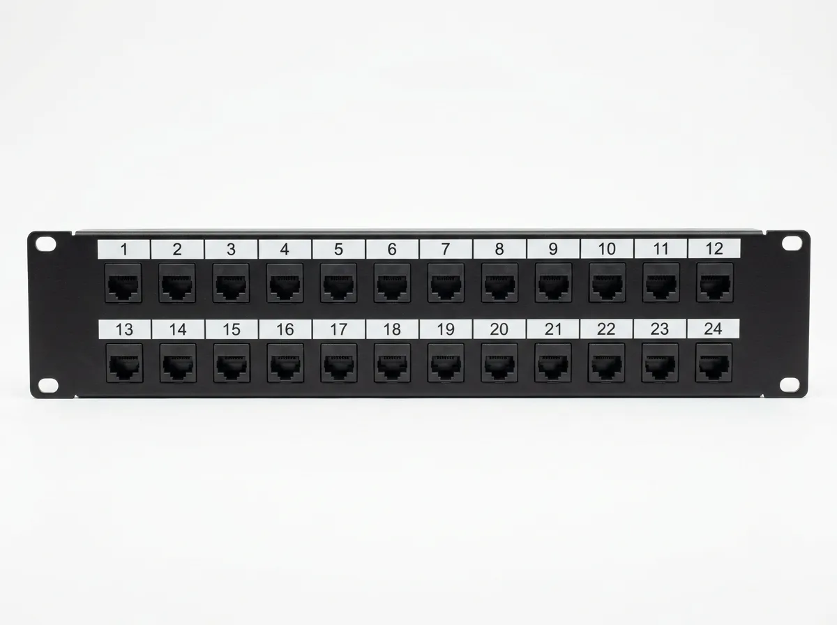 24-port patch panel with two rows of numbered RJ45 ports