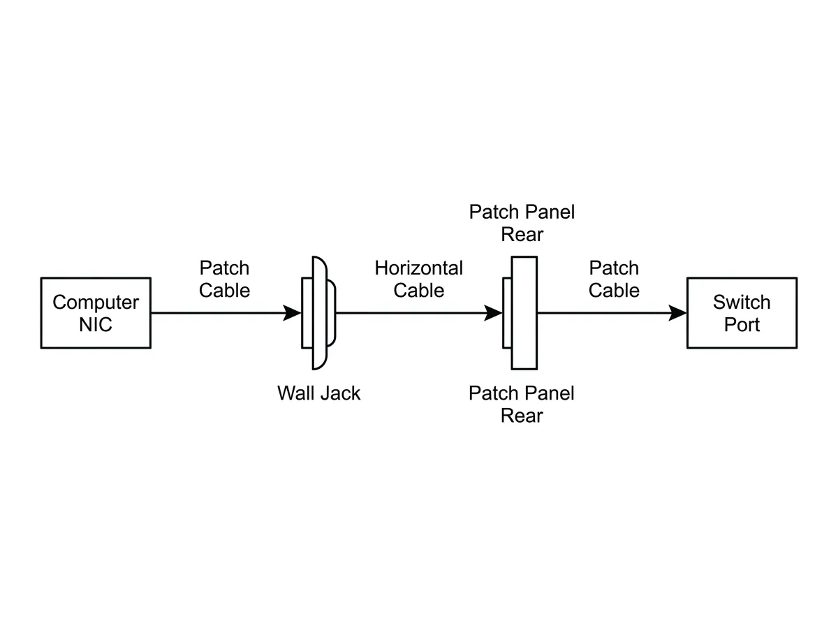 Diagram showing network path from computer through wall jack, patch panel, to switch