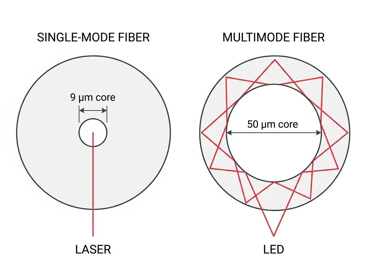 Cross-sections comparing narrow single-mode core with straight ray and wider multimode core with bouncing rays