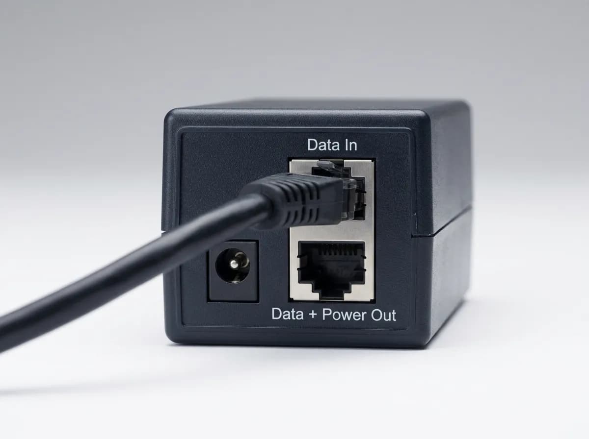 PoE injector box with power jack and two RJ45 ports labeled data-in and power-out